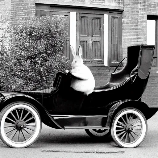 Image similar to a rabbit sitting inside a model t ford, black and white photograph