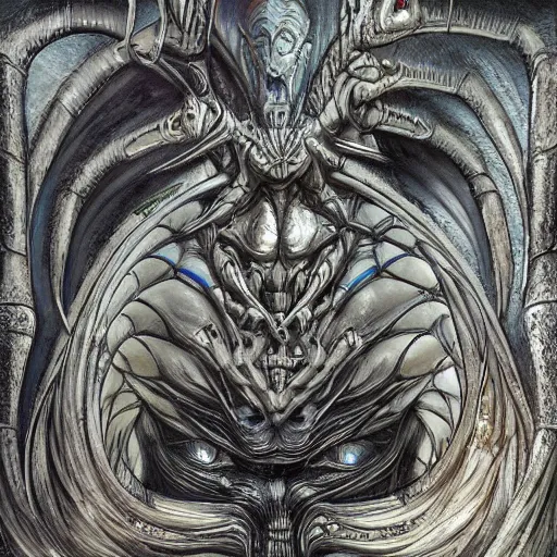 Prompt: Giger portrait of queen dragon, Dragon in dragon lair, HD, soft shading, hyperdetailed, wide angle lens, fantasy, futuristic horror, style of giger