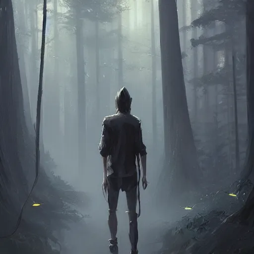 Image similar to concept art by greg rutkowski, a very tall and slender young man walking with a very tall and slender woman through a forest of giant trees, dark atmosphere, surrounded by fireflies, detailed portraits, disturbing atmosphere, scifi, digital painting, artstation, concept art, smooth, sharp foccus ilustration, artstation hq