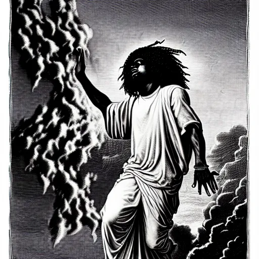 Image similar to cheef keef ascending into heaven holding stacks of cash, biblical image, style of gustave dore, highly detailed, beautiful, high contrast, black and white