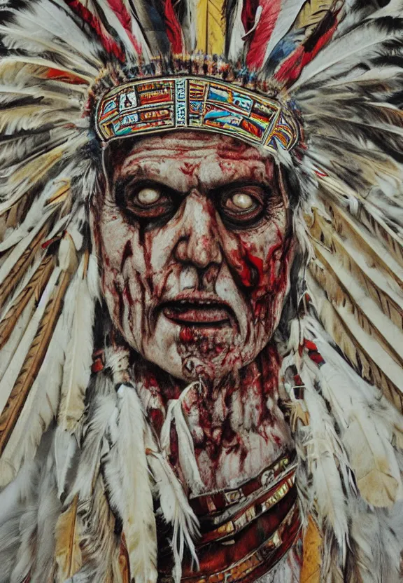 Prompt: close up portrait of zombie Pope Francis wearing a Native American Indian Feathered Headdress War Bonnet, dead redemption, by Julie Mehretu
