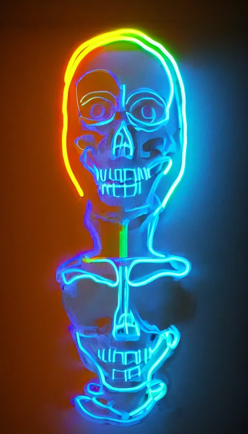 Image similar to skeleton made of neon lights, portrait, 3 d cartoon, pixar, sharp focus, film grain