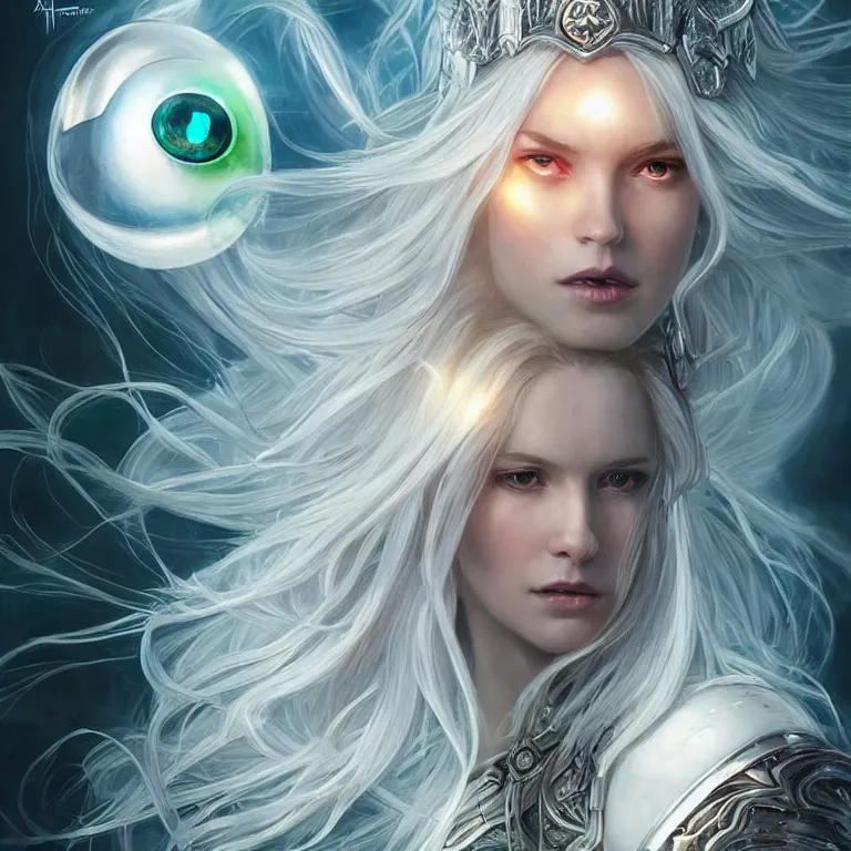 Image similar to beautiful cinematic fantasy poster, sci-fi, semi-transparent, candy gumdrop head with brilliant silver flowing hair and a brilliant jeweled silver helm, beautiful white glowing eyes, wideshot ultrawide angle epic scale, hybrid from The Elden Ring and art direction by Darius Zawadzki ;by artgerm; wayne reynolds art station; cinematic quality character render; low angle; ultra high quality model; production quality cinema model;