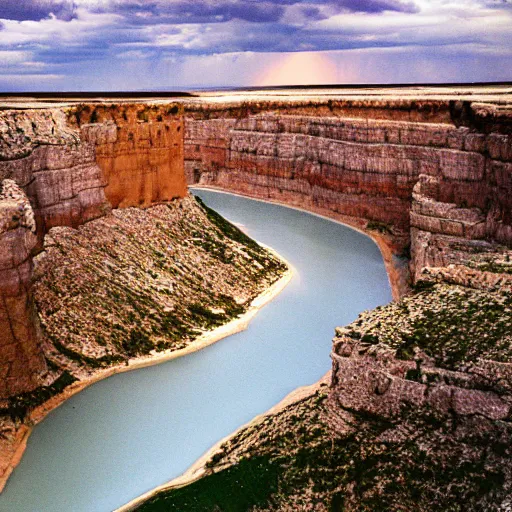 Image similar to photo of green river, wyoming cliffs during thunderstorm. the foreground and river are brightly lit by sun, and the background clouds are dark and foreboding. kodak portra 4 0 0,