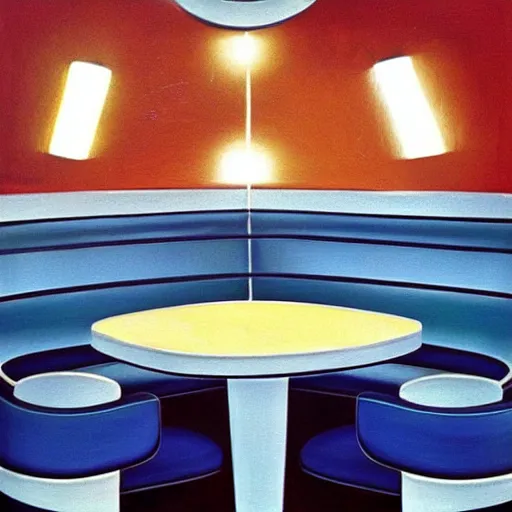 Image similar to the corner booth at a greasy diner on the moon, American midcentury painting, iconic, stunning light