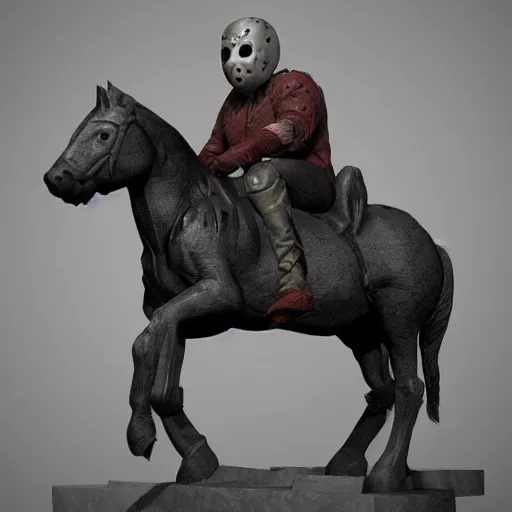 Prompt: Jason Voorhees ride a pony, 3d sculpt, ingame