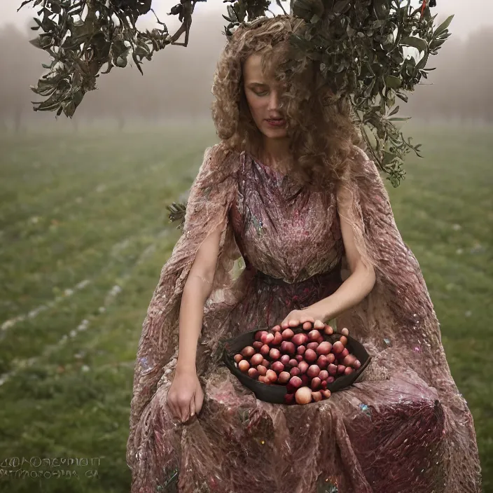 Image similar to a closeup portrait of a woman wearing a dress made of iridescent twine and ribbon, picking pomegranates from a tree in an orchard, foggy, moody, photograph, by vincent desiderio, canon eos c 3 0 0, ƒ 1. 8, 3 5 mm, 8 k, medium - format print