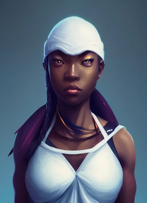 Image similar to attractive female portrait of african ninja, realisitic, cloud background, full - frame, rule of thirds, uplight, intricate, symmetrical!!, anime, prism highlights, depth of field, cinematic, filmic, vsco, concept art, artstation, digital painting, elegant, epic, focus