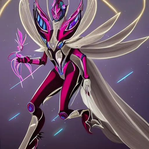 Image similar to highly detailed exquisite fanart, of a beautiful female warframe, but as an anthropomorphic elegant robot female dragoness, glowing eyes, shiny and smooth off-white plated armor, bright Fuchsia skin beneath the armor, sharp claws, robot dragon four fingered hands, and robot dragon three clawed feet, royal elegant pose, full body and head shot, epic cinematic shot, professional digital art, high end digital art, singular, realistic, DeviantArt, artstation, Furaffinity, 8k HD render, epic lighting, depth of field