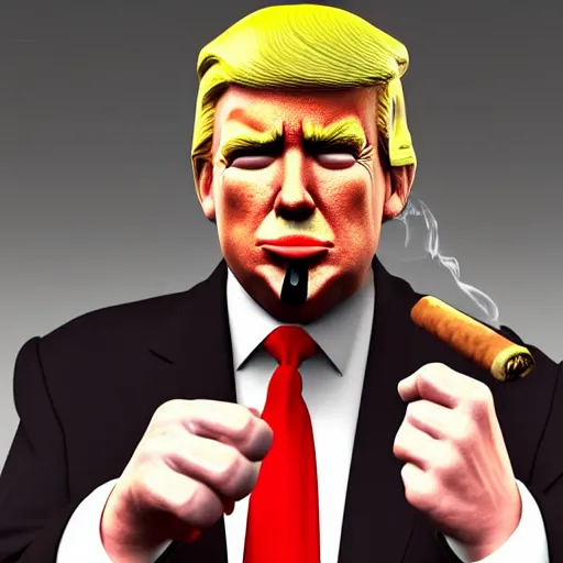 Image similar to a high quality photo of donald trump smoking a cigar, 3d scene, render, ultra realistic, artstation, cgsociety