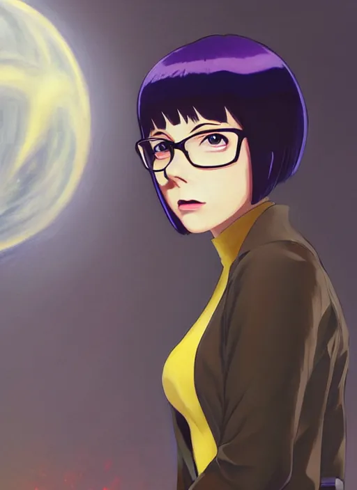 Image similar to Painting of grown-up Velma Dinkley in the style of Ghost in The Shell, beautiful anime art style, winged eyelashes, countryside, calm, fantasy character portrait, dark outlines, dynamic pose, above view, sunny day, artwork by Makoto Shinkai, very coherent asymmetrical artwork, sharp edges, perfect face, simple form, 100mm