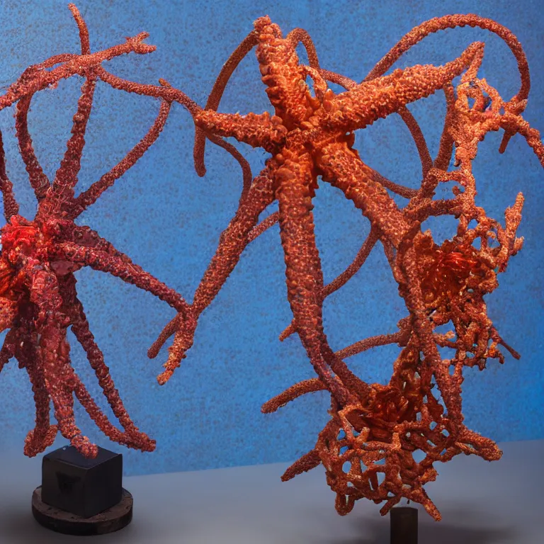 Prompt: hyperrealistic sculpture of a bronze ancient fossilized sea urchin brittle star dusted with opalescent blue and iridescent red spraypaint in a nylon grid cage on a pedestal by ron mueck and duane hanson and lee bontecou, hyperrealistic dramatic colored lighting trending on artstation 8 k