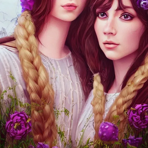 Prompt: a highly detailed portrait of sisters with purpure very very long hair, There are large snow-white peonies in the background, artstation, highly detailed, portrait, by ghilby