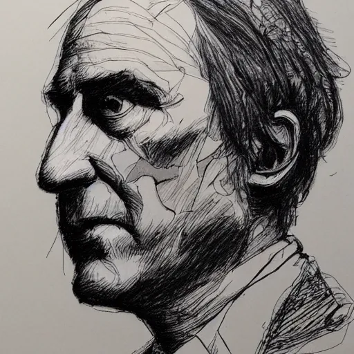 Prompt: a realistic yet scraggly portrait sketch of the side profile of a stern and sophisticated bob odenkirk, trending on artstation, intricate details, in the style of frank auerbach, in the style of sergio aragones, in the style of martin ansin, in the style of david aja, in the style of mattias adolfsson