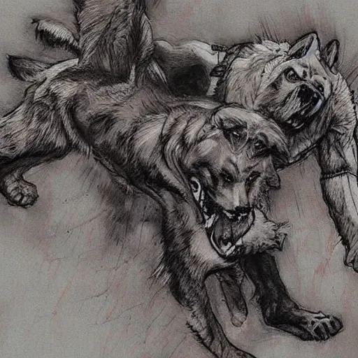 Prompt: a humanoid german shepherd beast - man wrestling with another german shepherd in the middle of an arena, pencil art, added detail, high definiton, colored, aerial viewyoji shinkawa