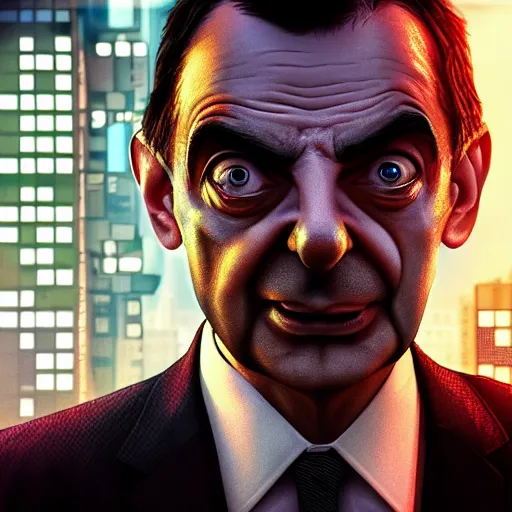 Image similar to mr bean, head and shoulder shot, cyberpunk city, city background, 4k, beautiful face, hyperdetailed, trending on artstation, digital art