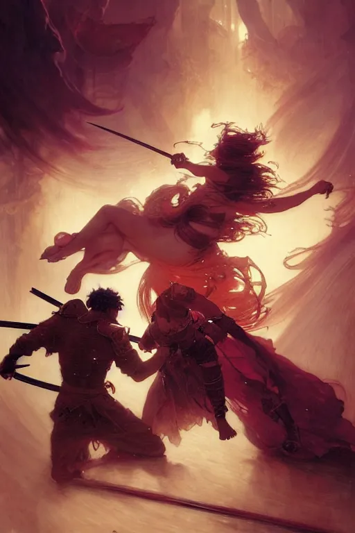 Prompt: An epic fight moment between one demon slayer with one female skilled samourai in style of by gaston bussiere, and craig mullins and greg rutkowski and alphonse mucha, concept art world, stunning moment and pose, cinematic lighting, dynamic