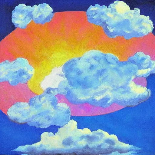 Image similar to a masterpiece painting of a blue sky with puffy white clouds and a dayglo pink dot in the center