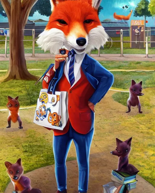 Image similar to a cute male anthropomorphic vulpes vulpes fulva wearing suit watching school playground, pixar style, by tristan eaton stanley artgerm and tom bagshaw