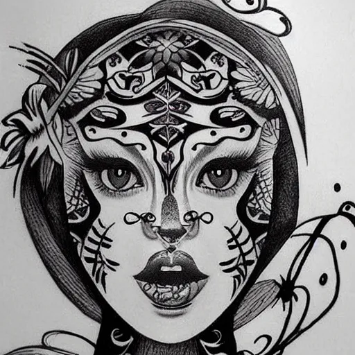 Image similar to tattoo design of a beautiful girl face, above the girls head there is a tiger, hyper detailed, in the design of eliot kohek