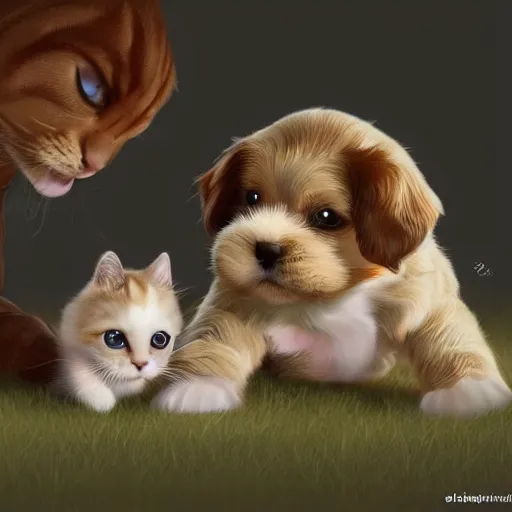 Prompt: The cutest puppy and kitten in the world are playing with each other, higly detailed, ArtStation, high quality, digital illustration