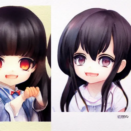 Image similar to photorealistic, portrait watercolor painting of nendoroid eyes kawaii chibi with black hair and hime cut by krenz cushart ilya kuvshinov pixiv key visual manga cover, artstation