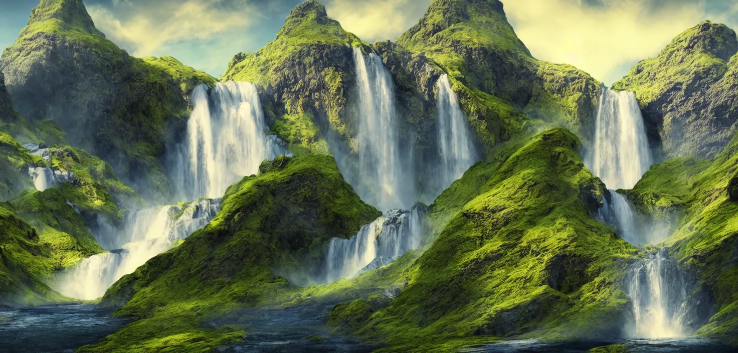 Prompt: a waterfall in the middle of a mountain range, a detailed matte painting by hallsteinn sigurðsson, shutterstock contest winner, naturalism, uhd image, creative commons attribution