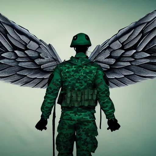 Image similar to soldier with wings as angel defending city, night time, only green colours, green, green palette, sad, chill, fantastic, 4 k, 8 k, super detailed, hyper realistic