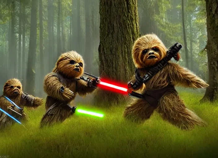 Image similar to Ewoks fighting with lightsabers, ultra realistic, cinematic