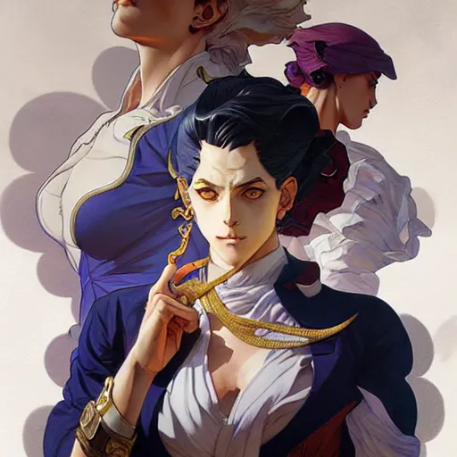 Image similar to jojo's bizarre adventure , intricate, elegant, highly detailed, digital painting, artstation, concept art, smooth, sharp focus, illustration, art by artgerm and greg rutkowski and alphonse mucha