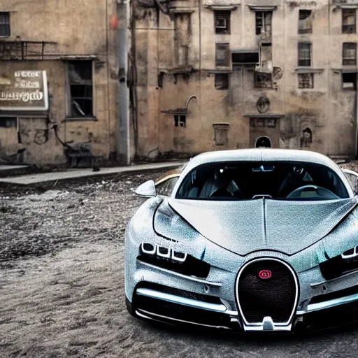 Image similar to an abandoned bugatti chiron in a post - apocalyptic city