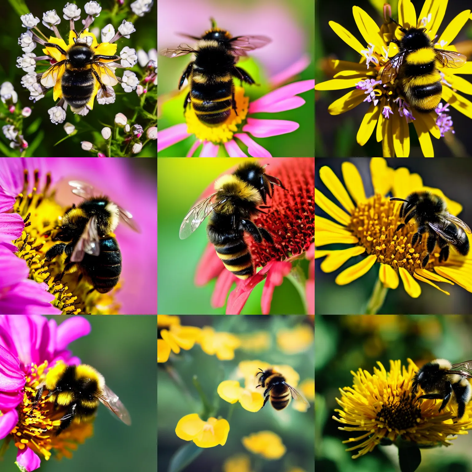 Prompt: a macro shot of a bumble bee pollinating a flower