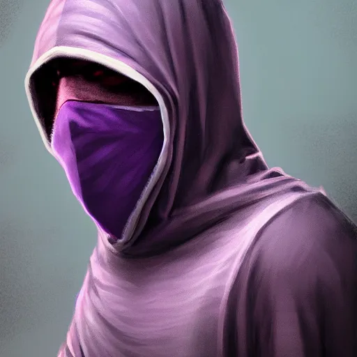 Image similar to ultra realistic illustration, man in a black hood, in a striped purple balaclava, mysterious, highly detailed, digital painting, artstation, concept art, smooth, sharp focus, illustration