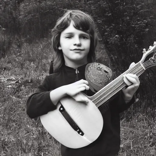 Prompt: a photo of a boy with long hair playing mandolin in the wilderness