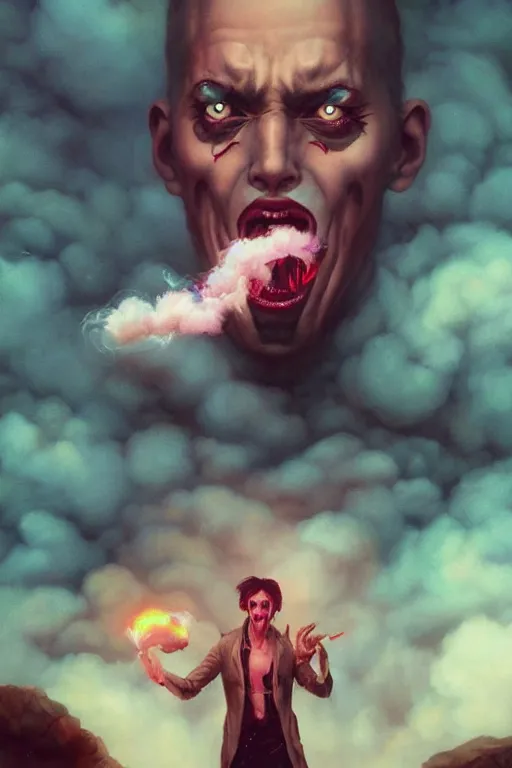 Image similar to portrait of a man with smoke demon coming from mouth, by artgerm, tom bagshaw, gerald brom, vaporwave!, vaporwave colors!, lo fi colors, vaporwave!, lo fi, 4 k, hd,