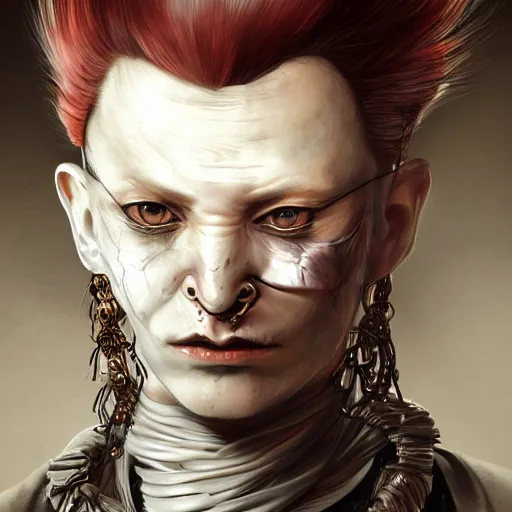 Image similar to portrait of a Shibari rope wrapped face and neck, headshot, insanely nice professional hair style, dramatic hair color, digital painting, of a old 17th century, old cyborg merchant, amber jewels, baroque, ornate clothing, scifi, realistic, hyperdetailed, chiaroscuro, concept art, art by Franz Hals and Jon Foster and Ayami Kojima and Amano and Karol Bak,