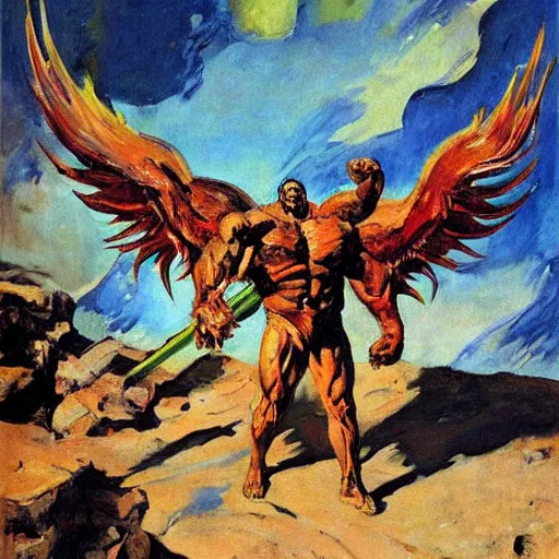 Prompt: Street art. a large, muscular demon-like creature with wings, standing in a dark, hellish landscape. The creature has red eyes and sharp teeth, and is holding a large sword in one hand. by Joaquín Sorolla, by Ken Kelly kaleidoscopic