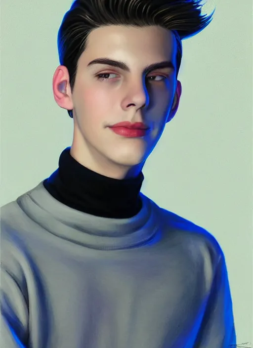 Image similar to portrait of teenage jughead jones wearing a light grey crown, crown, blue turtleneck, 1 9 5 0 s, closed eyes, photorealistic, black hair, glowing lighting, intricate, elegant, glowing lights, highly detailed, digital painting, artstation, concept art, smooth, sharp focus, illustration, art by wlop, mars ravelo and greg rutkowski