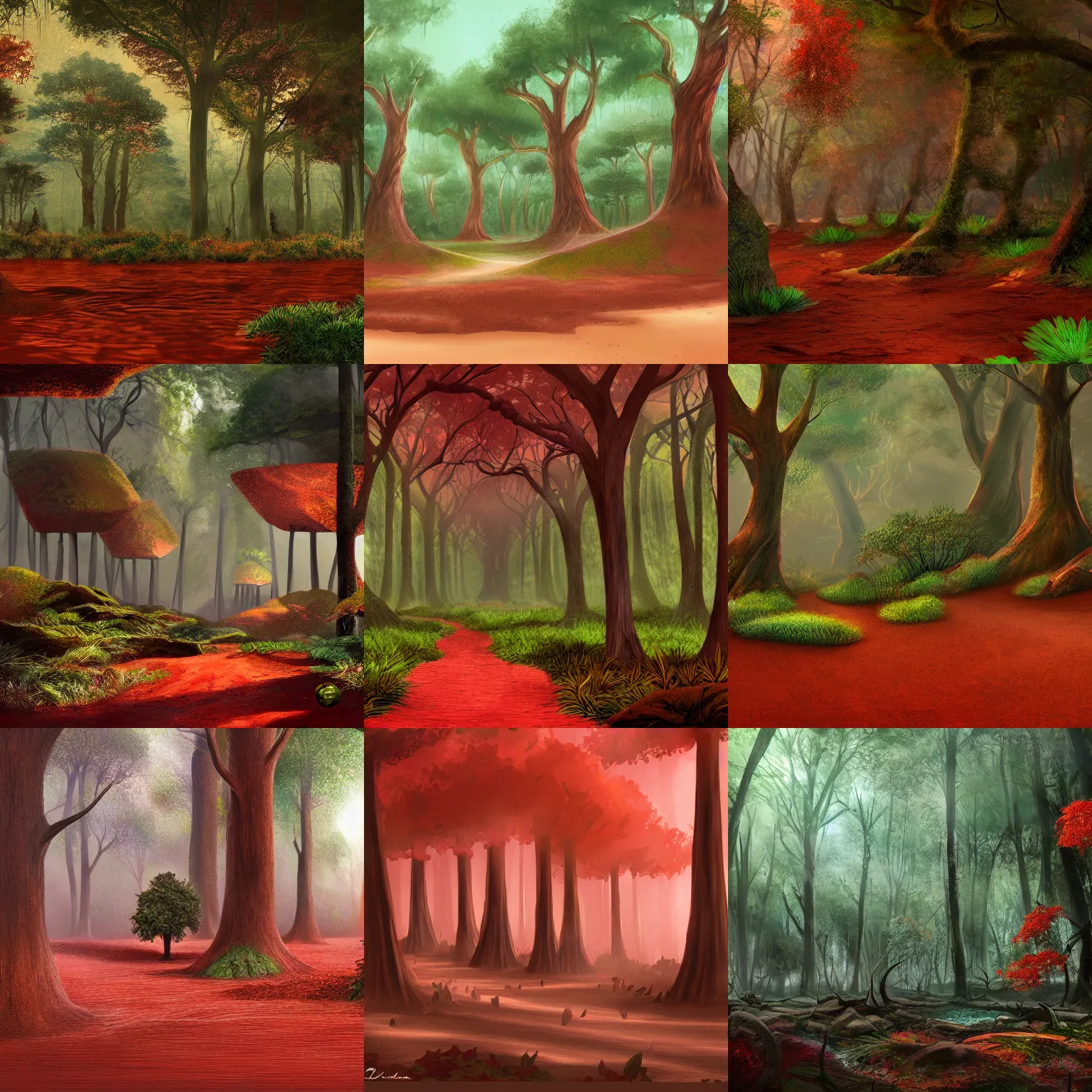 Prompt: deciduous forest in a humid subtropical climate with red clay soil, award winning fantasy concept art