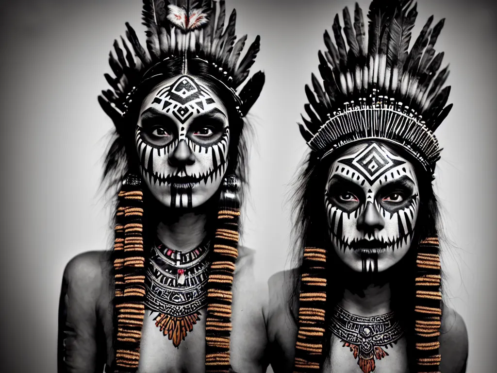 Image similar to photorealistic head and shoulders photo of beautiful female ornate fantasy indian tribal aztec warrior goddess, confident, minimal black skull warpaint, tattoos, Neil Blevins, James Paick, Natasha Tan, Maciej Kuciara, Frank frazetta, arney freytag, Ritu Kumar, Sabyasachi Mukherjee, Annie Leibowitz, bokeh, 4k, fashion pose, cinematic, National Geographic photo shoot, dramatic, 28mm