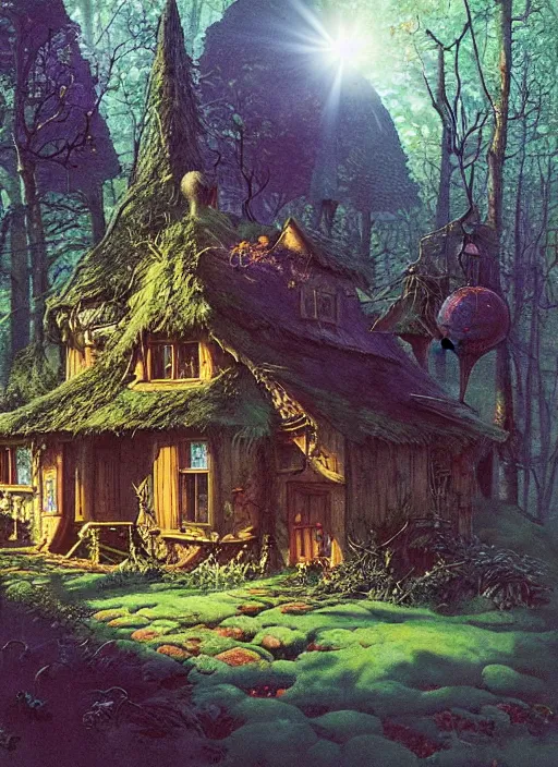 Image similar to hyper realistic witch cottage with solar panels with happy lighting and technology in the woods gorgeous lighting, sunbeams blue sky, lush forest foliage painting by zdzisław beksinski and norman rockwell and greg rutkowski weta studio, and lucasfilm