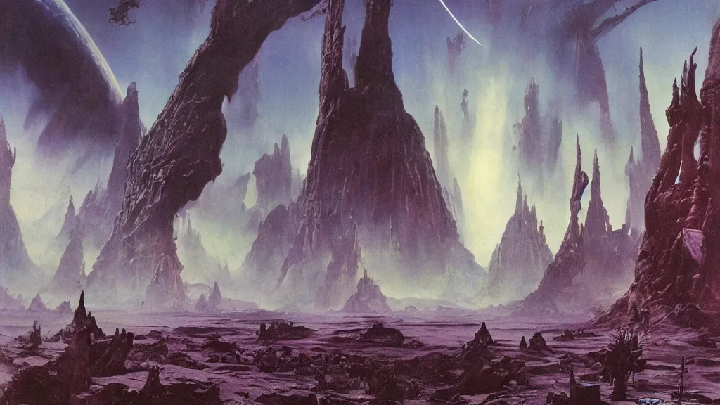 Image similar to surreal eerie alien planet empire by frank frazetta and bruce pennington, cinematic matte painting