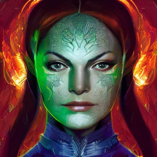 Prompt: portrait of jean grey, symmetry, hyperdetailed perfect face, green eyes, comic, phoenix rising, burning flames, intricate, detailed, volumetric lighting, scenery, digital painting, highly detailed, artstation, sharp focus, illustration, concept art, ruan jia, steve mccurry