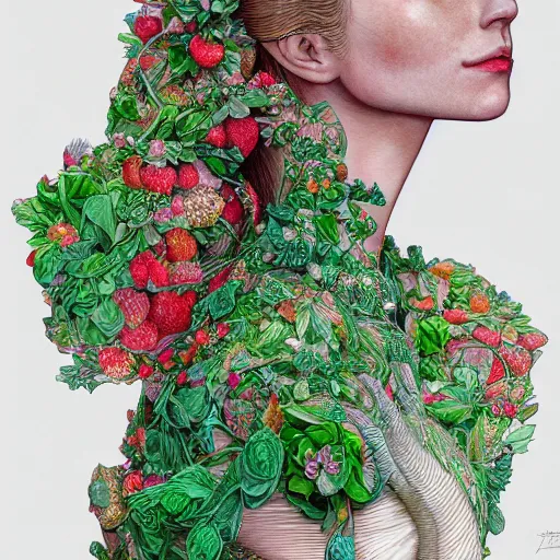 Image similar to the portrait of an absurdly beautiful, graceful, elegant, sophisticated, fashionable woman made of strawberries and green petals focusing hard, an ultrafine hyperdetailed illustration by kim jung gi, irakli nadar, intricate linework, bright colors, octopath traveler, final fantasy, unreal engine 5 highly rendered, global illumination, radiant light, detailed and intricate environment