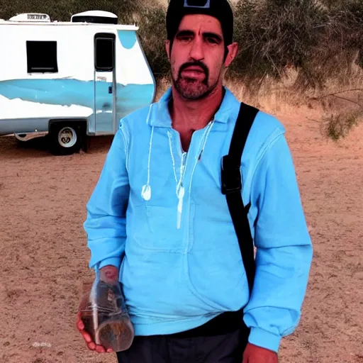 Image similar to argentinian trapper Duki holding a ziplock bag with baby blue meth, desert background, next to an rv, by stephen bliss, gta loading screen