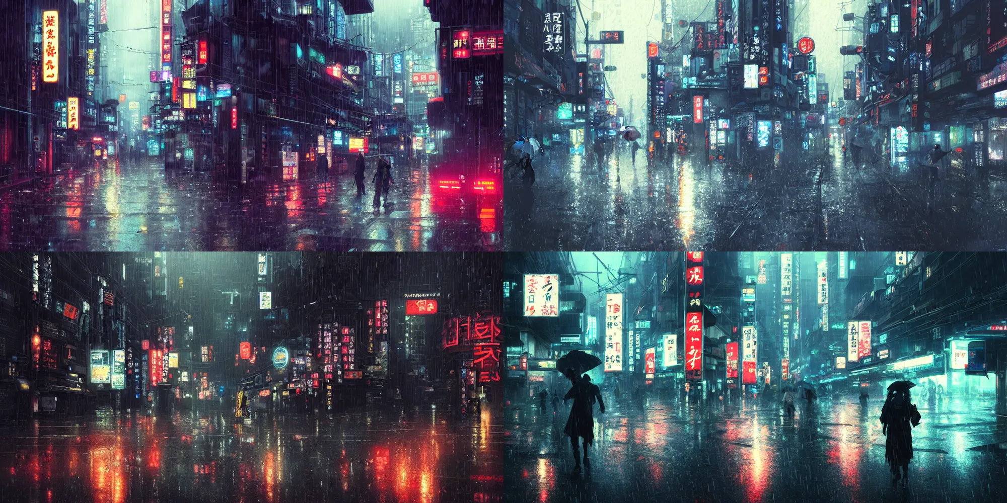 Prompt: Scene of a japanese cyberpunk city in the rain during midnight, heavy contrast, cozy wallpaper, 4k, high details, volumetric dynamic lighting, motion blur, bokeh, trending on Artstation, award-winning, art by Greg Rutkowski