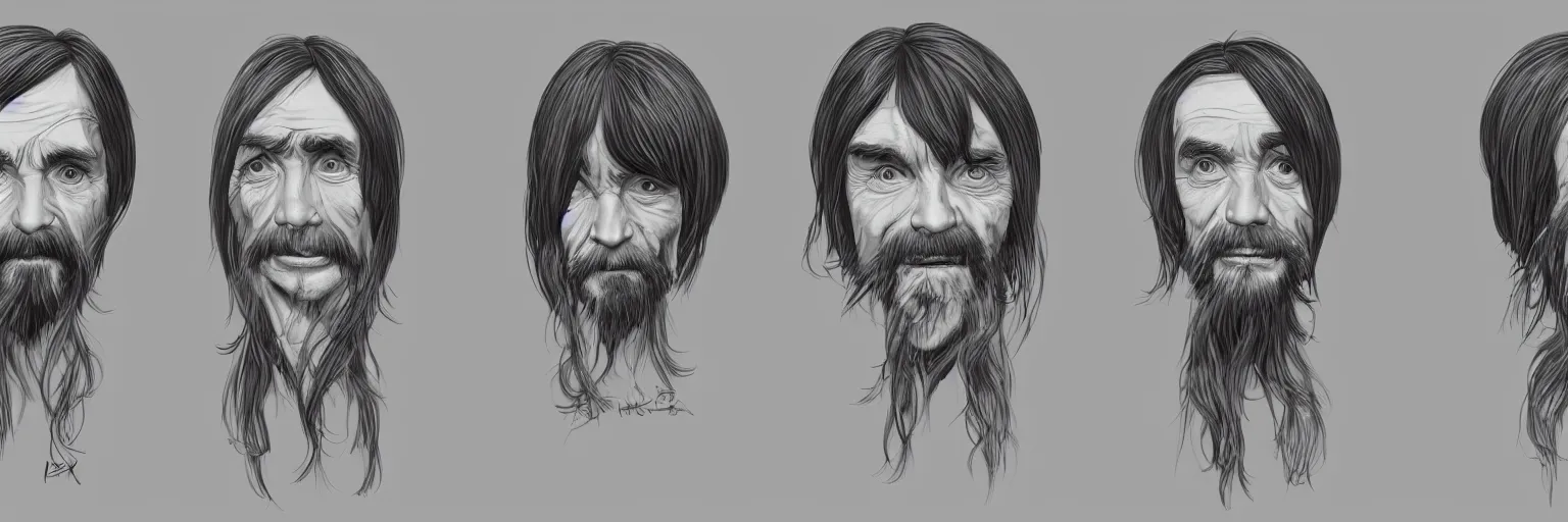 Prompt: character study of charles manson and iggy pop, clear faces, wild, crazy, character sheet, fine details, concept design, contrast, kim jung gi, pixar and da vinci, trending on artstation, 8 k, full body and head, turnaround, front view, back view, ultra wide angle