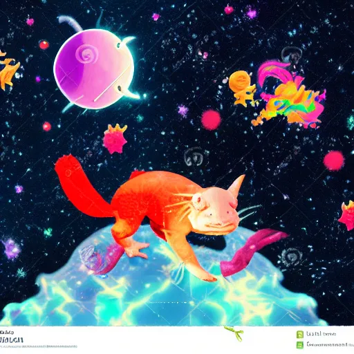 Image similar to an axolotl riding nyan cat through space, nebula, colorful