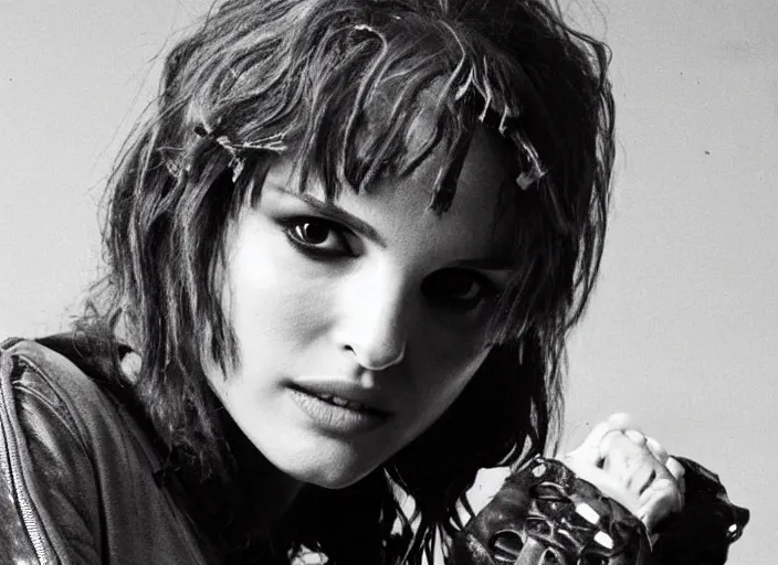 Image similar to promotional image of natalie portman as a british punk rocker in the 80s, rugged black clothes, dyed short hair, tatoos, detailed face, movie still frame, promotional image, imax 70 mm footage