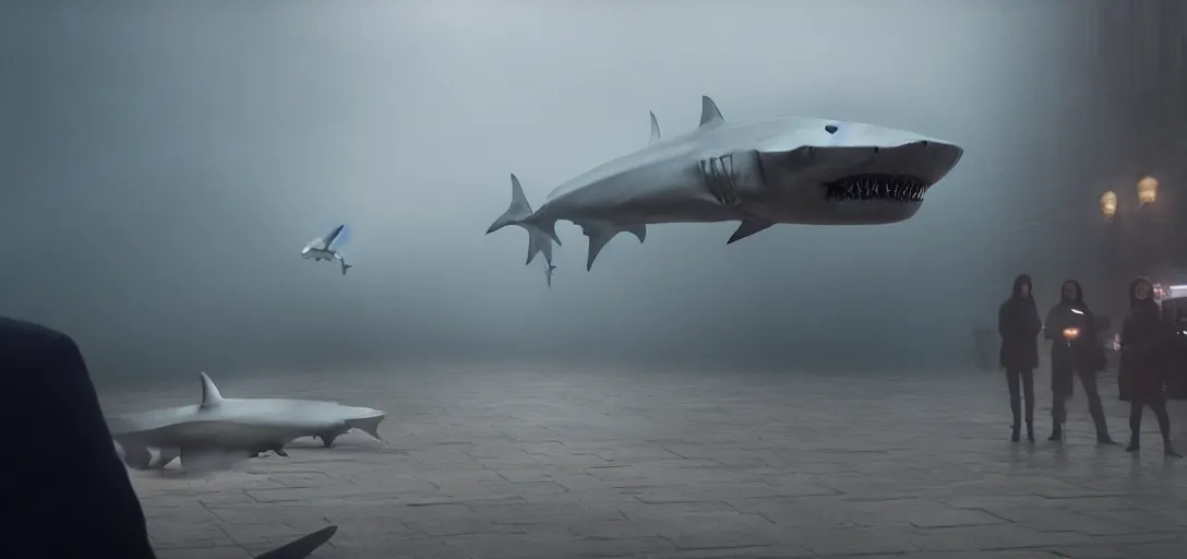 Image similar to a robotic shark painting portraits for a line of tourists, foggy, cinematic shot, photo still from movie by denis villeneuve, wayne barlowe